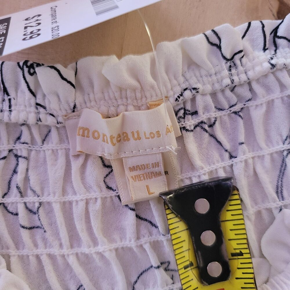 NEW Accordion Pleated White Black Floral Lightweight Crop Top Sz L Puff Sleeve - Picture 7 of 8